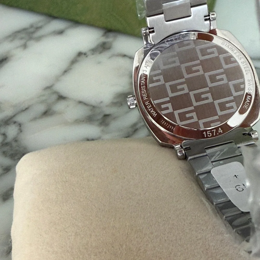 Gucci Grip Watch YA157401 Stainless Steel Silver Logo Engraved Swiss Made 38mm